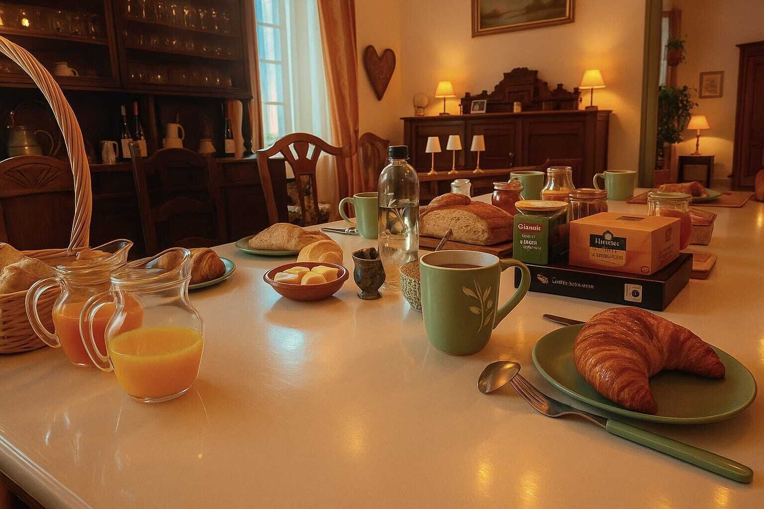 A breakfast table with croissants, bread, a croissant on a plate, a green mug, a glass of orange juice, and a bottle of water.
