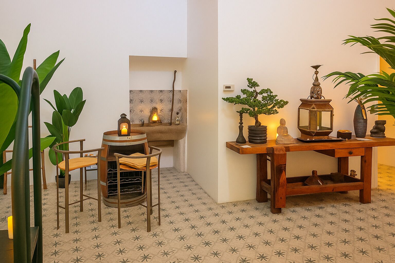 A cozy corner with a wooden table, chairs, a small shelf with decorative items, and potted plants.