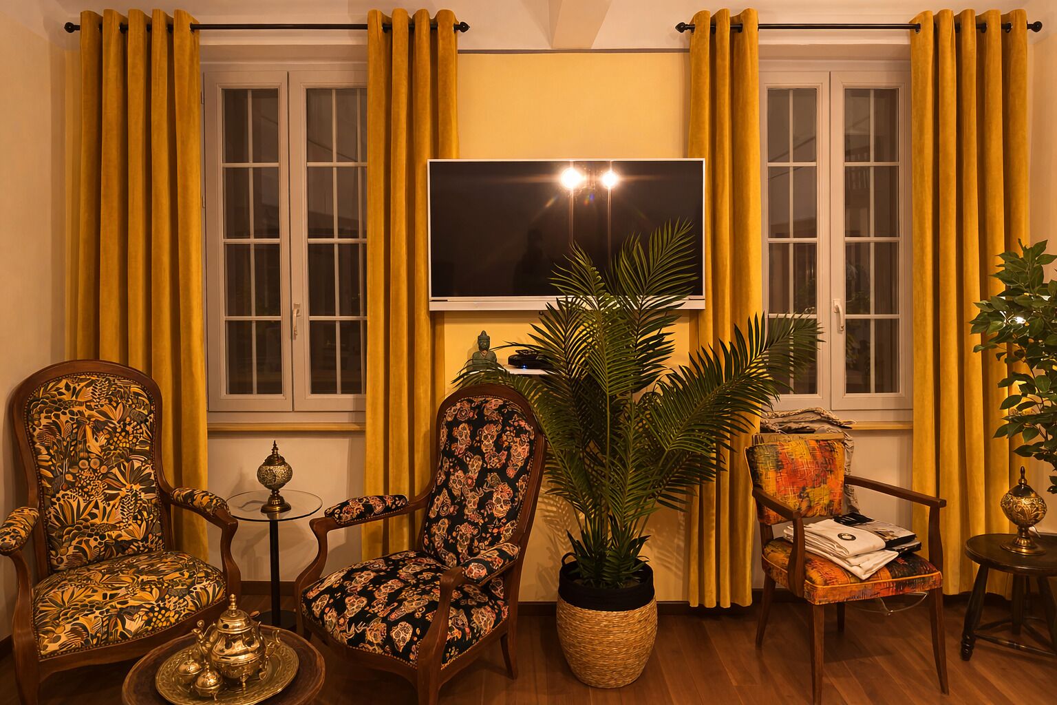 A room with a TV mounted on the wall, two chairs with patterned upholstery, a potted plant, and a small table with a decorative item.
