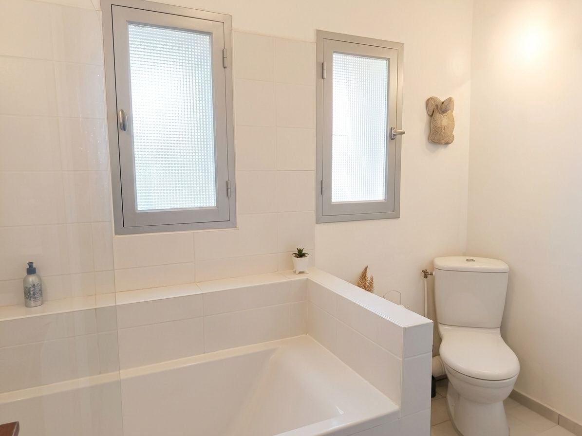 Une salle de bain avec une baignoire, des toilettes et deux fenêtres.