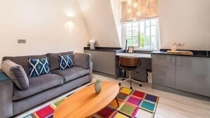 Un salon moderne avec un canapé gris, un tapis coloré et une table basse en bois.