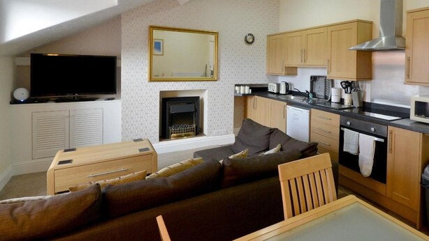 Un espacio habitable compacto con sofá, televisor, chimenea y kitchenette.