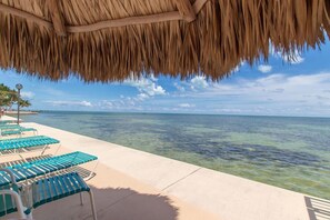 Un salon de plage doté d’un toit de chaume, d’une eau d’un bleu cristallin et de chaises longues.