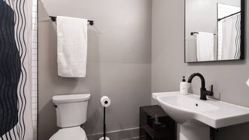 A modern bathroom with a toilet, sink, and mirror.