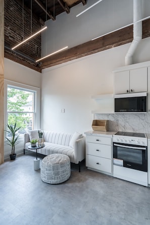 Apartamento de lujo | Cocina privada | Frigorífico grande, microondas, horno y placa de cocina