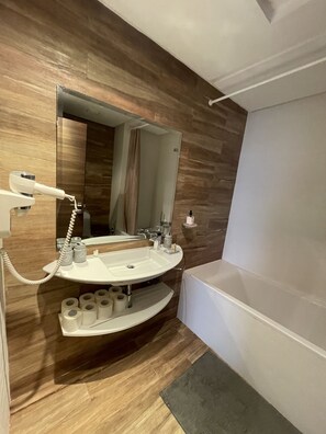 Hair dryer, towels, soap, shampoo