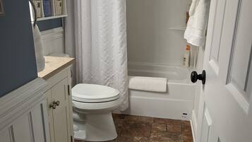 Hair dryer, towels, soap, shampoo