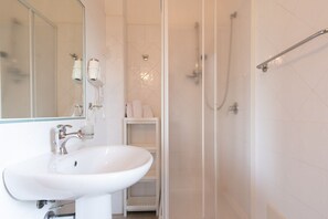 Shower, hair dryer, bidet, towels