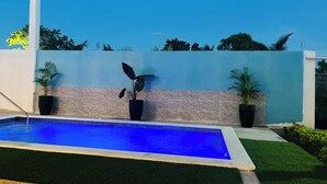 Una piscina con un tono azulado, rodeada por un muro bajo de textura pétrea. Hay dos plantas en macetas sobre el muro, y una barandilla de metal es visible a la izquierda.