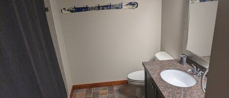 Une salle de bain avec douche, toilettes et lavabo.