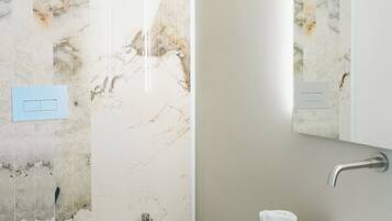 A modern bathroom with a bidet, a sink, and a mirror.