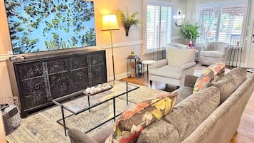 Smart TV, fireplace, books