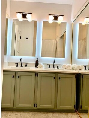 Hair dryer, towels, soap, shampoo
