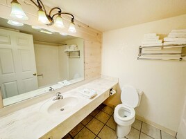 Bañera con ducha, artículos de tocador gratuitos, secador de pelo
