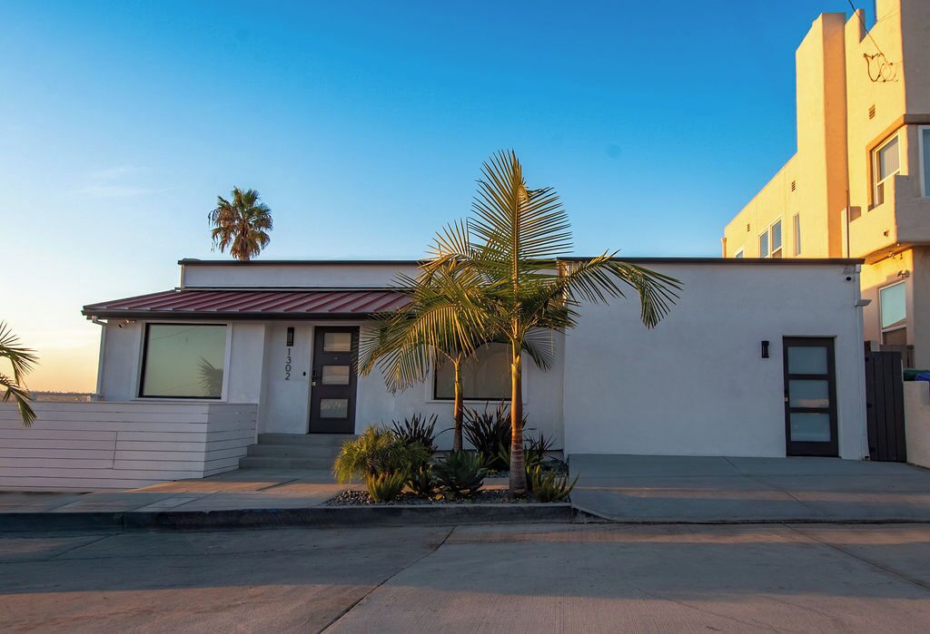 A modern building with a flat roof, a small front garden with palm trees, and a clear sky.