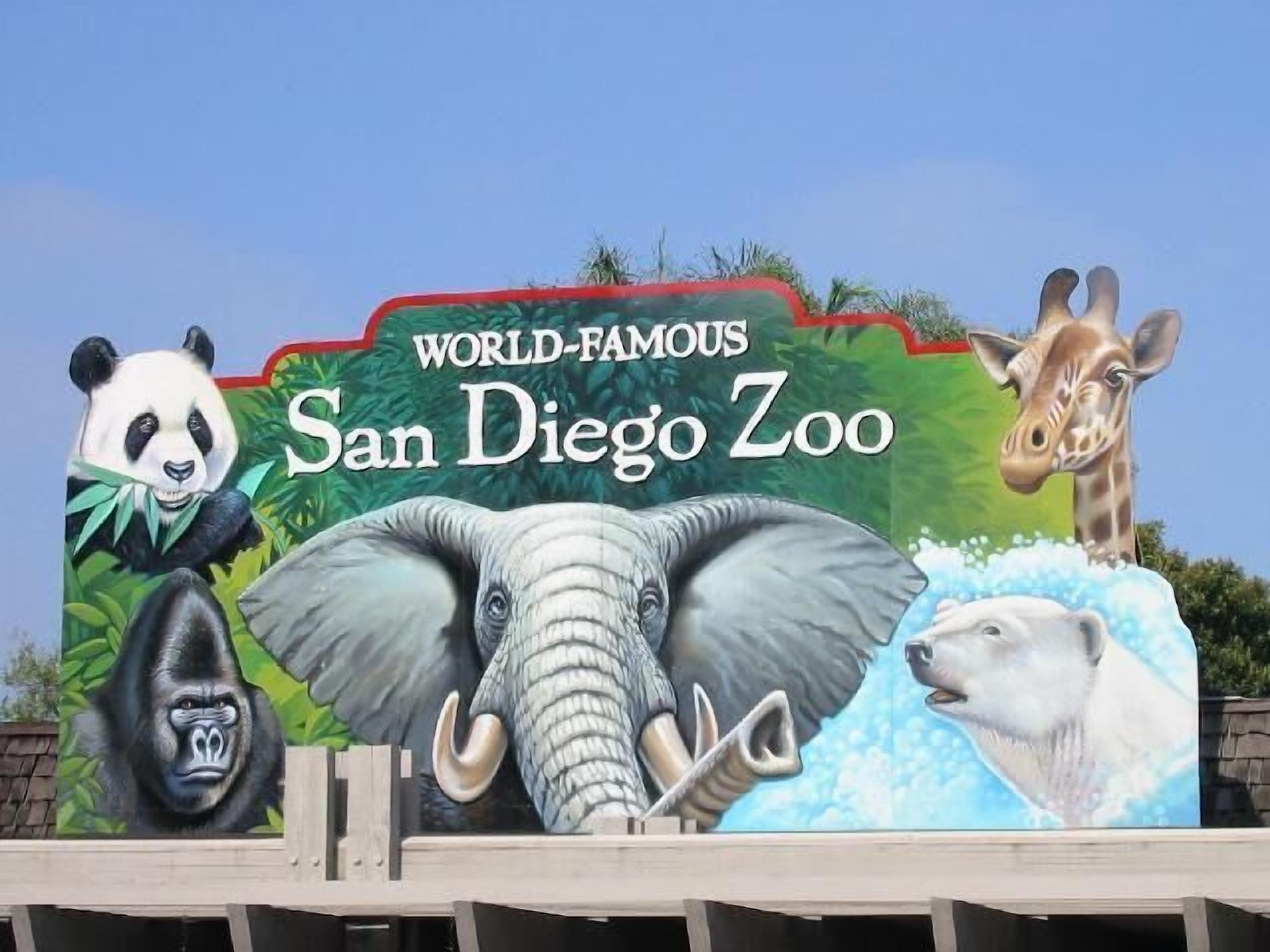 A mural of animals at the San Diego Zoo entrance.