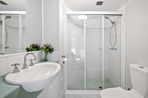 Combined shower/bathtub, hair dryer, towels, toilet paper