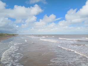A beach with waves, a clear sky, and a distant shoreline.
