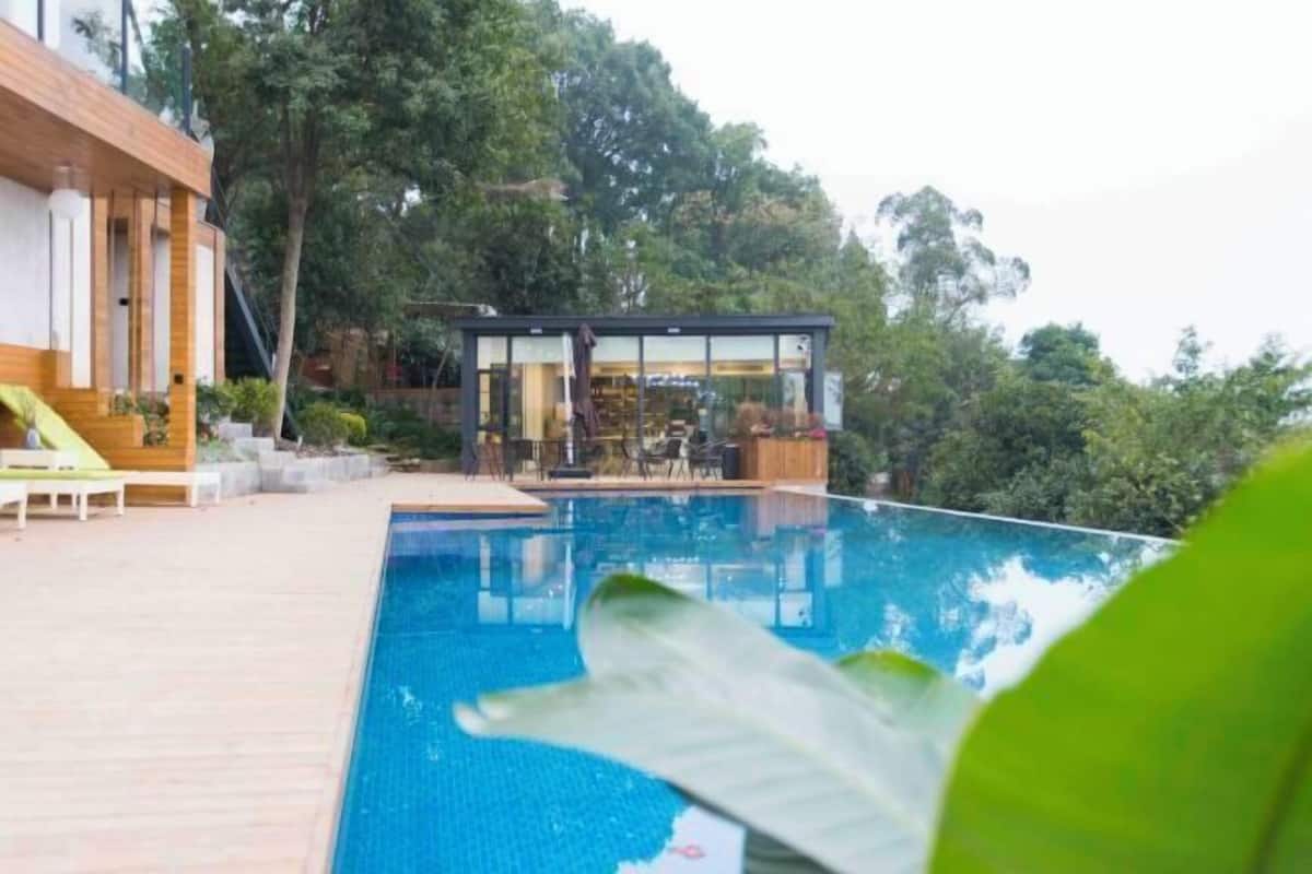 Una piscina con cubierta de madera, una estructura de vidrio y follaje circundante.