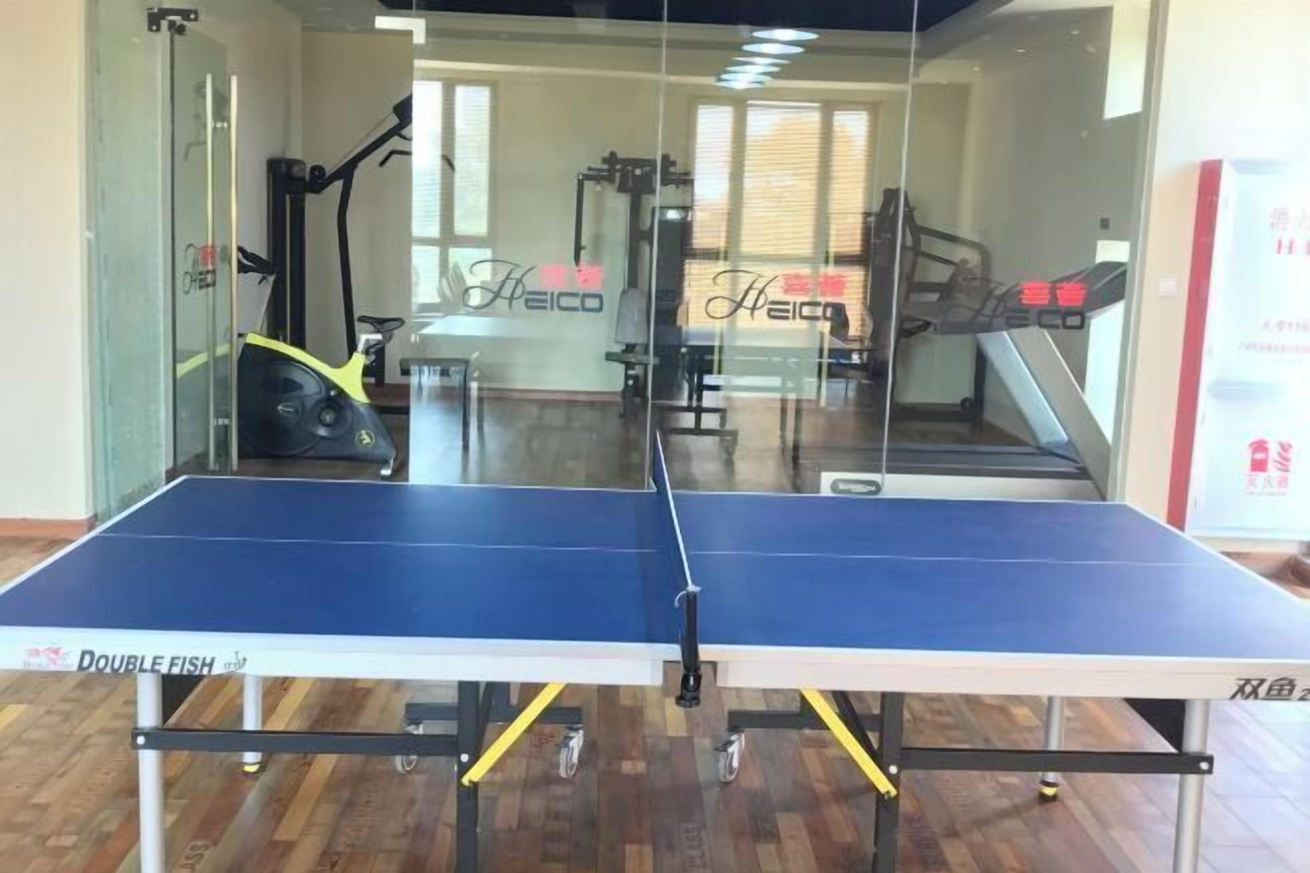 Une table de ping-pong avec un miroir sur un côté, du matériel d’exercice et une fenêtre avec des stores en arrière-plan.