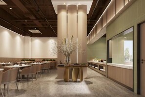 A modern interior with a central table, seating, and a large window. - Foshan Leshui Mansion (Leliu Port West Road Branch) (Foshan)