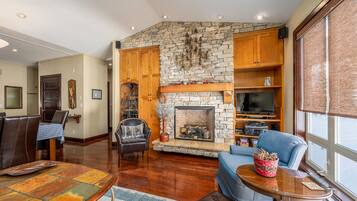 TV connectée, cheminée, lecteur de DVD