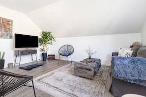 Un salon moderne avec un téléviseur à écran plat, une plante en pot, un fauteuil rond, un canapé agrémenté d’un plaid bleu et une table basse au style rustique.