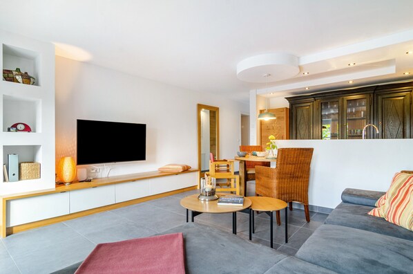 A modern living room with a flat-screen TV, a sofa, a dining area with chairs, and a kitchen area with cabinets.