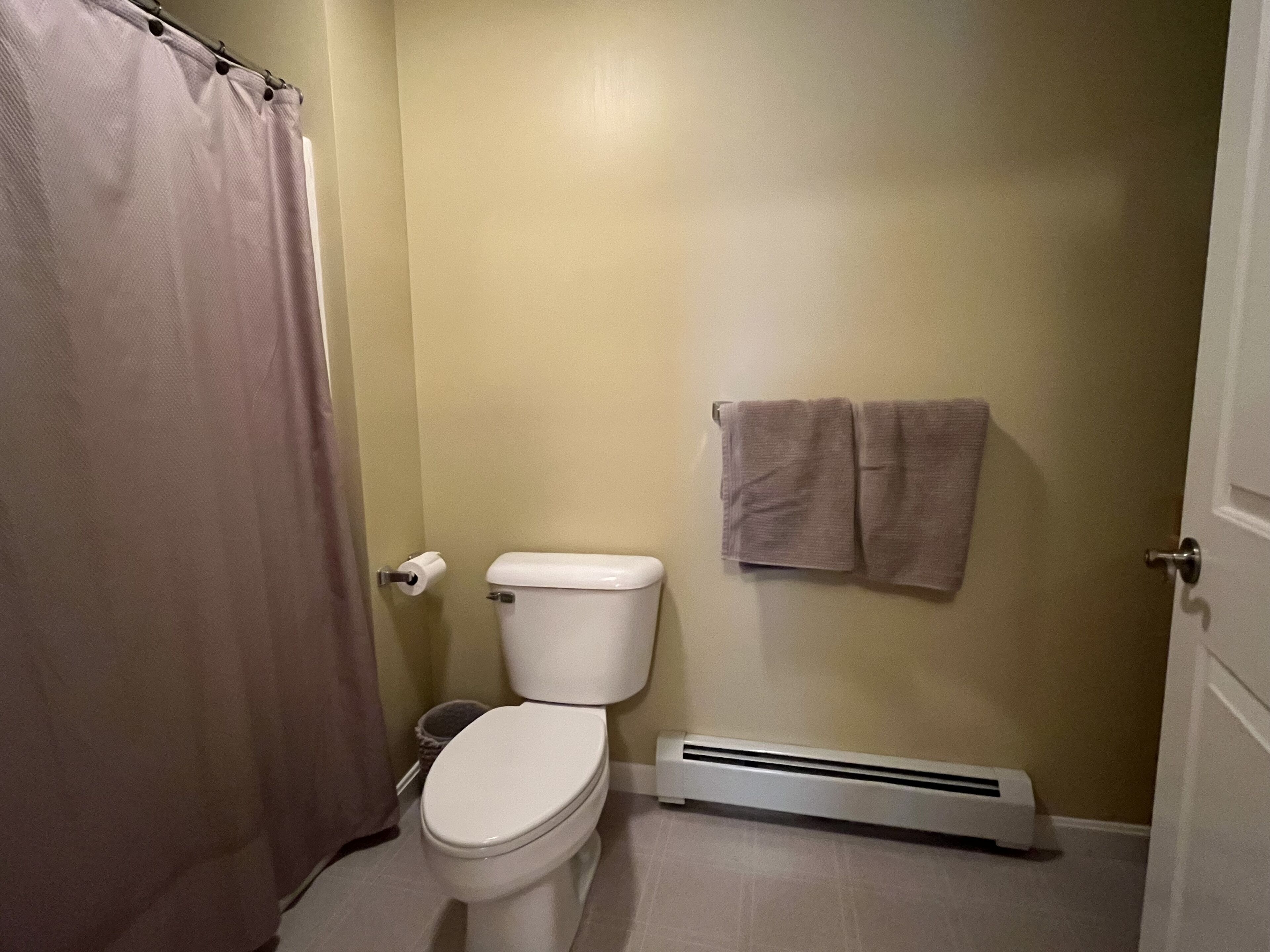 Ein kleines Badezimmer mit Toilette, Handtuchhalter und Duschvorhang.
