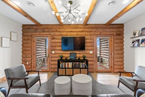 TV, fireplace, music library