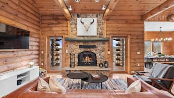 TV, fireplace, music library