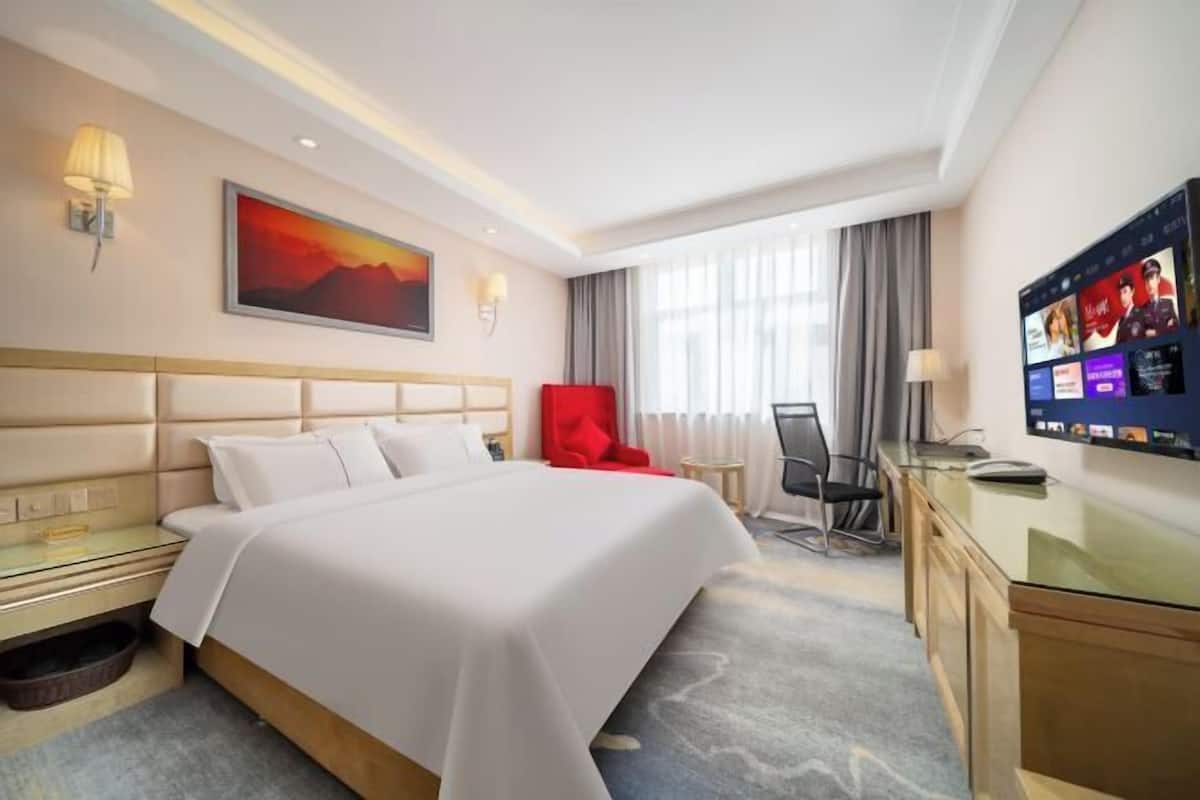 Una habitación de hotel con una cama, un escritorio, un televisor, una silla y un cuadro en la pared.