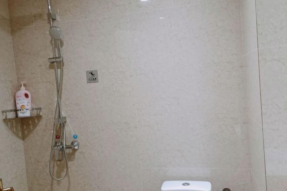 A bathroom with a shower, a toilet, and a soap dispenser on a shelf.