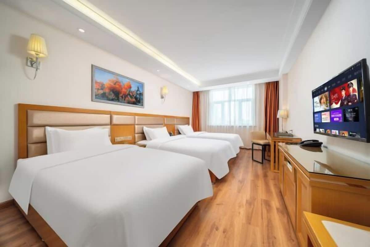 Habitación de hotel con dos camas, un escritorio, un televisor y un cuadro en la pared.