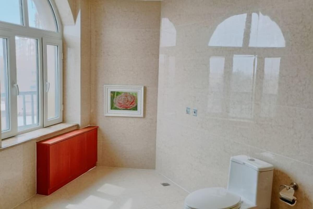 A bathroom with a toilet, a radiator, and a framed picture on the wall.