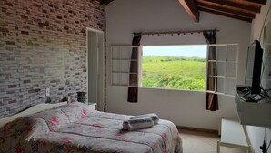 A bedroom with a brick wall, a bed with floral bedding, a window with curtains, and a TV on a stand. - Pousada Calu (Cunha)