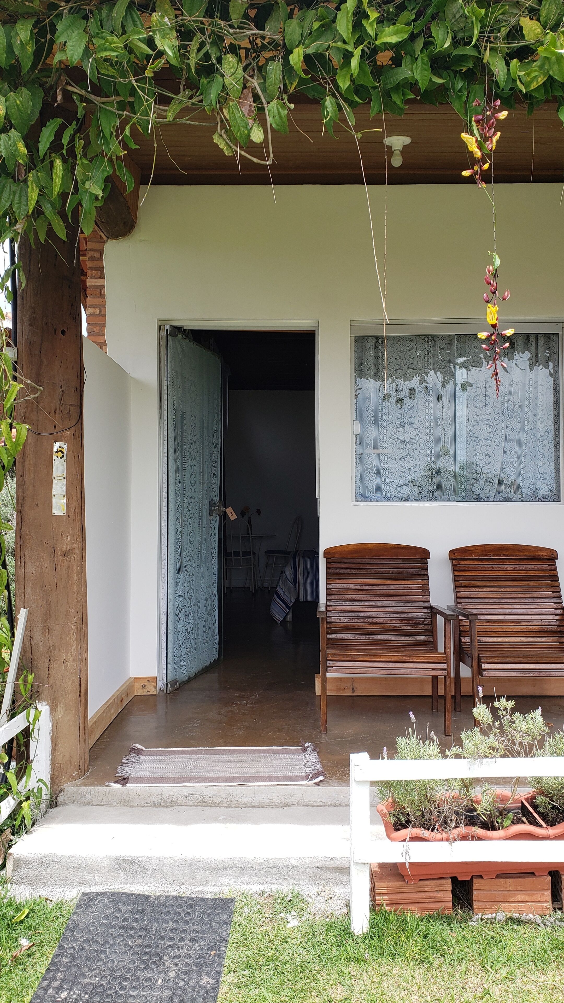 Eine überdachte Veranda mit Holzbänken, einem Blumentopf und Blick ins Innere.