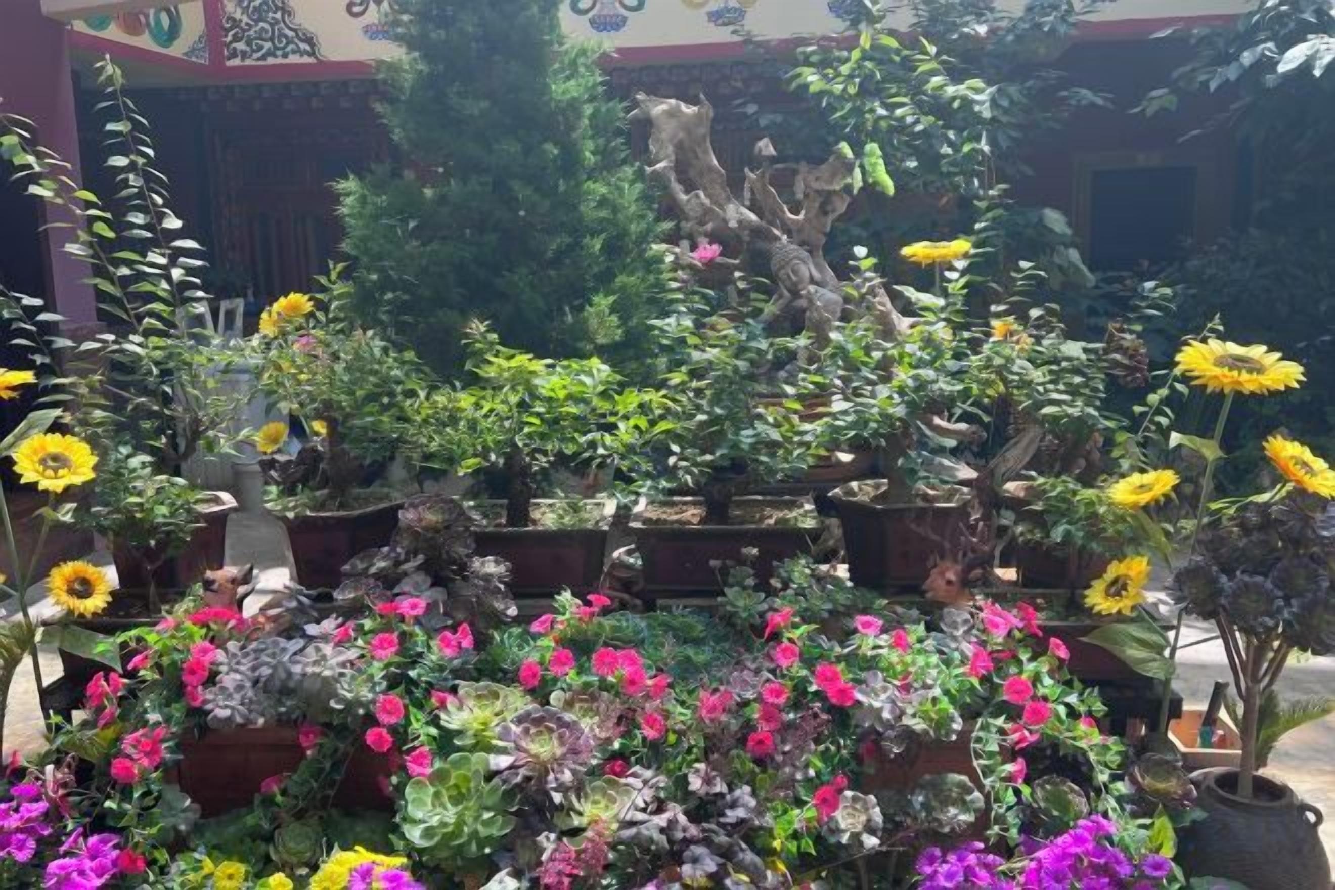 A garden with various plants and flowers, a wooden structure, and a statue.