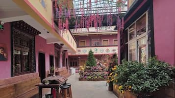 A courtyard with a wooden bench, potted plants, and hanging flowers.