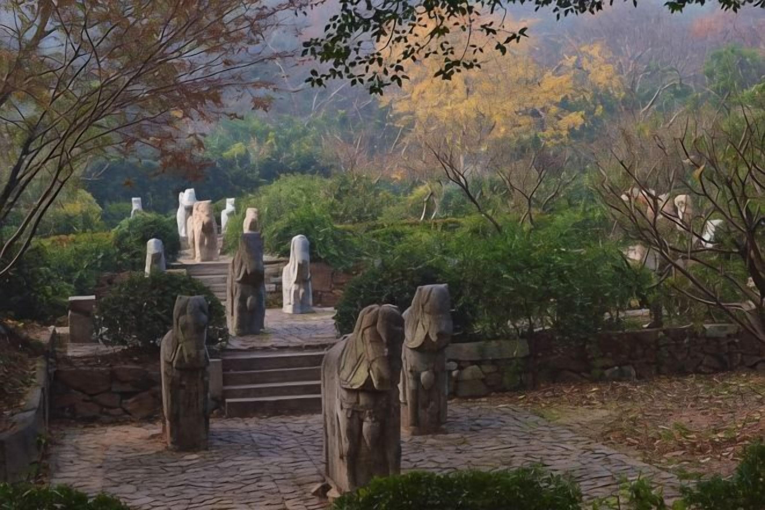 A stone pathway leading to a series of statues in a garden setting.