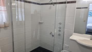 A modern bathroom with a glass shower enclosure, a white sink, and a mirror.