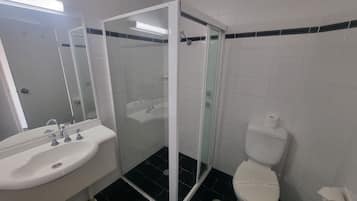 Un baño con un lavamanos blanco, una ducha con mampara de vidrio y un inodoro.