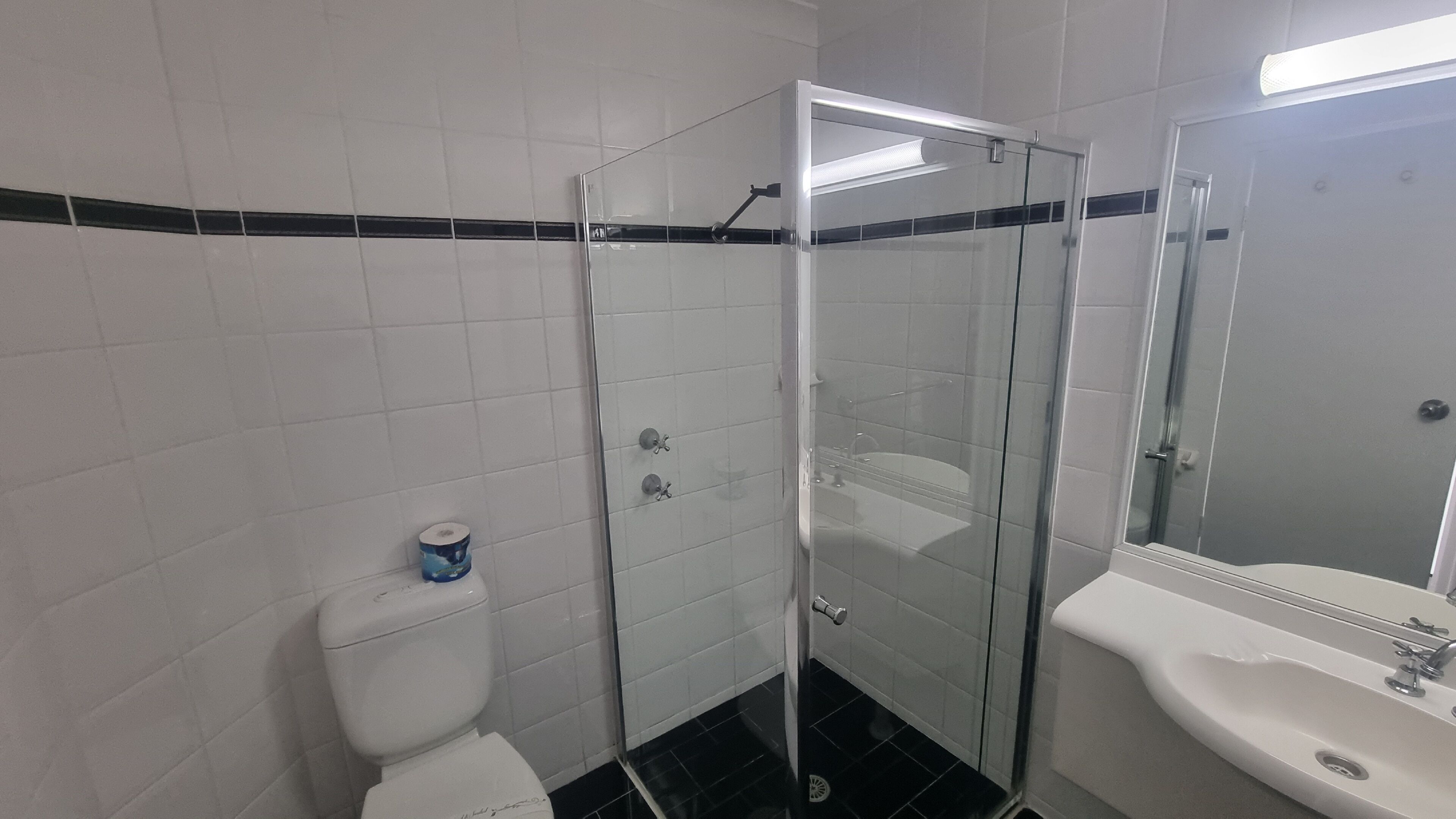 A bathroom with a toilet, a glass-enclosed shower, and a sink with a mirror.