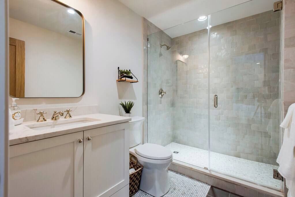 Ein modernes Badezimmer mit einer gläsernen Dusche, einer weißen Toilette und einem Waschtisch mit Spiegel und einer kleinen Pflanze.