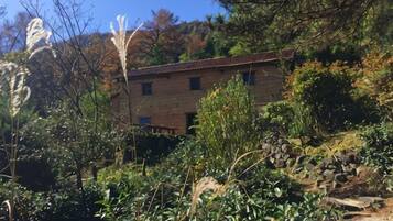 A stone building with a flat roof, surrounded by dense vegetation and a clear sky.