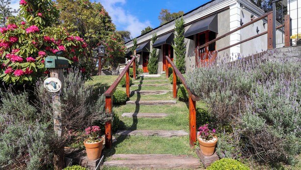 A wooden staircase leading to a building with a grey roof and red accents.