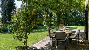 Un patio al aire libre con una mesa y sillas, rodeado de abundante vegetación y árboles en flor.