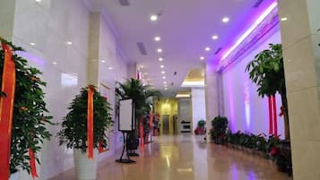 A hallway with potted plants, a whiteboard, and a reception desk.