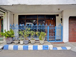 Entrada de un edificio con una reja metálica azul, plantas en macetas y bordillo azul y blanco.