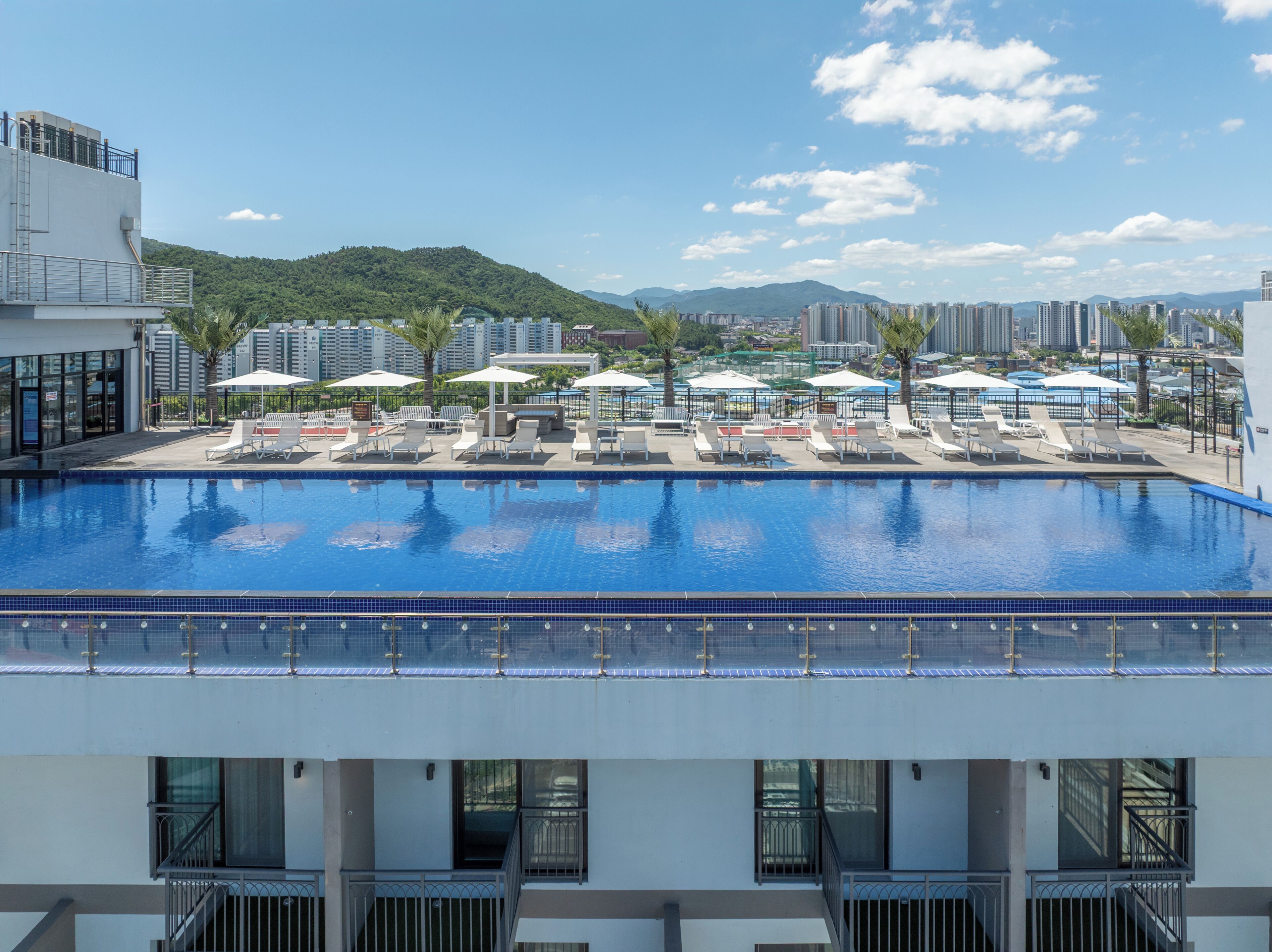 A rooftop pool with lounge chairs and umbrellas, surrounded by high-rise buildings and a mountain in the background.